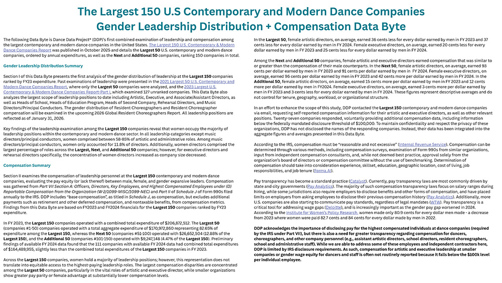 Download the The Largest 150 U.S Contemporary and Modern Dance Companies Gender Leadership Distribution + Compensation Data Byte