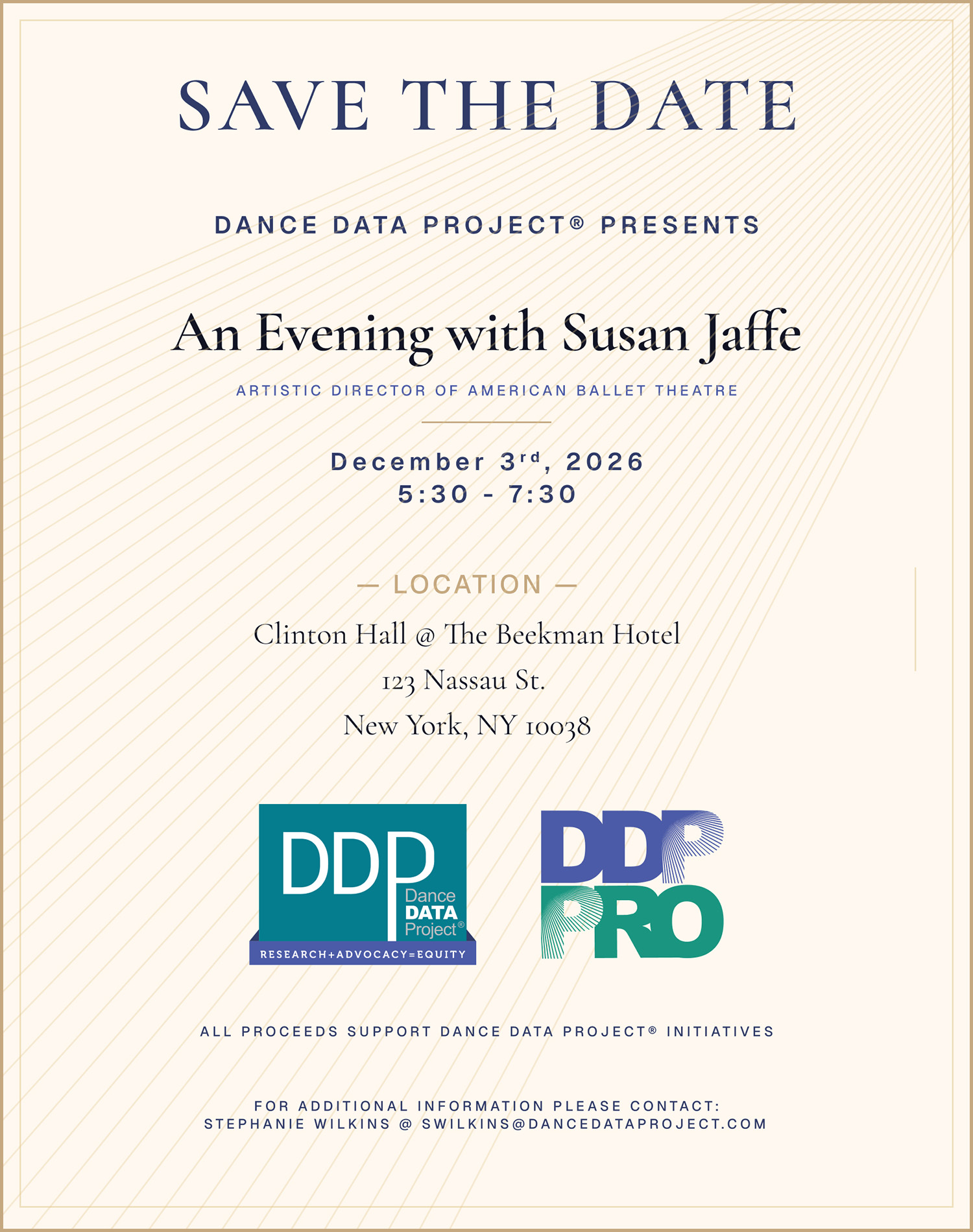 A flyer for the 2026 DDP Gala with a note to save the date for December 3rd, 2026. It will be held at the Beekman Hotel in Clinton Hall at 123 Nassau St., New York, NY 10038.